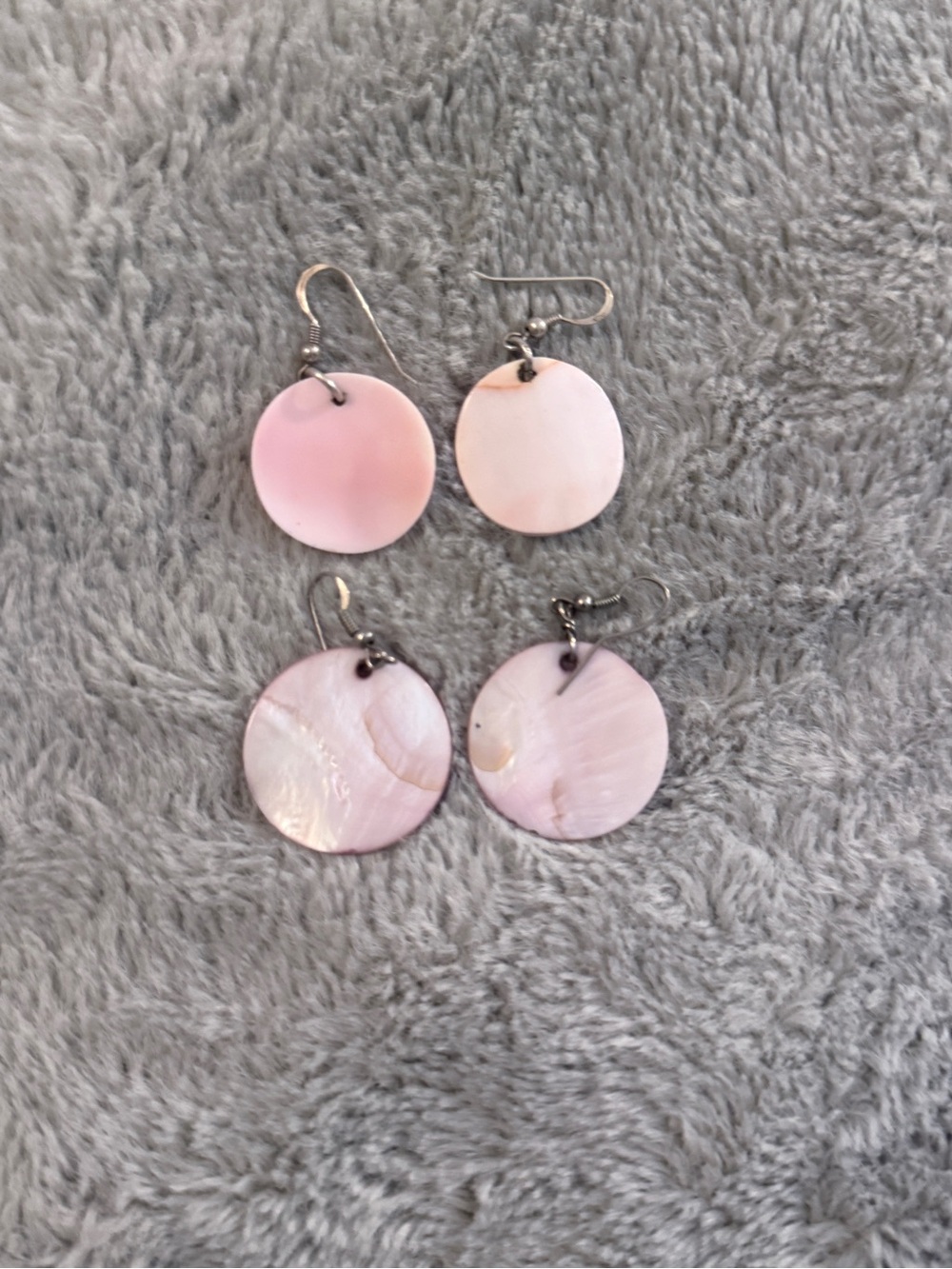 Pink Capiz Shell Disc Dangle Earrings Lot of 2 Pairs Silver Tone Hooks Beachy